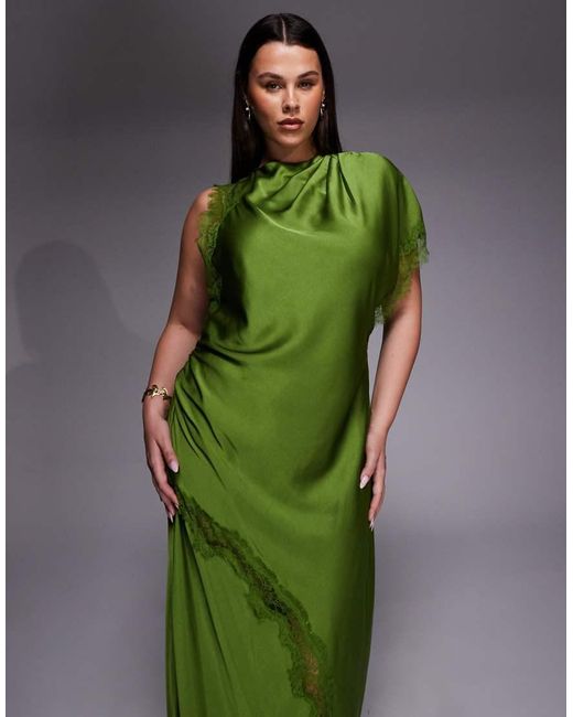 Forever New Green Satin And Lace Asymmetric Shoulder Maxi Dress