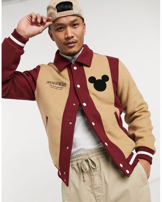 Bershka Red Mickey Mouse Varsity Bomber Jacket for men