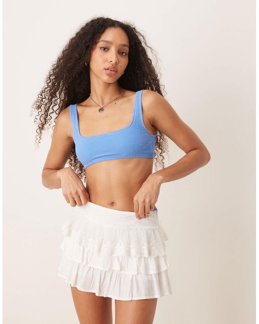 & Other Stories Blue Mix And Match Crinkle Scoop Front Bikini Top With Low Back