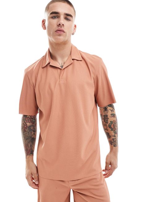 Only & Sons Pink Plisse Split Neck Polo Co-ord for men