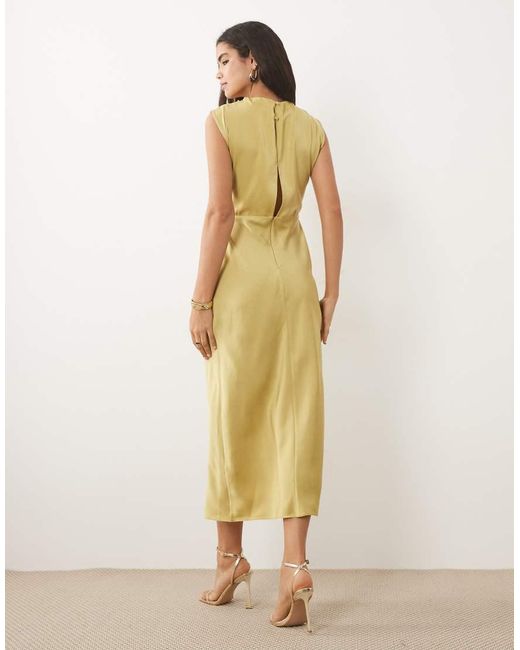 ASOS Natural Satin High Neck Pleated Bodice Midi Dress