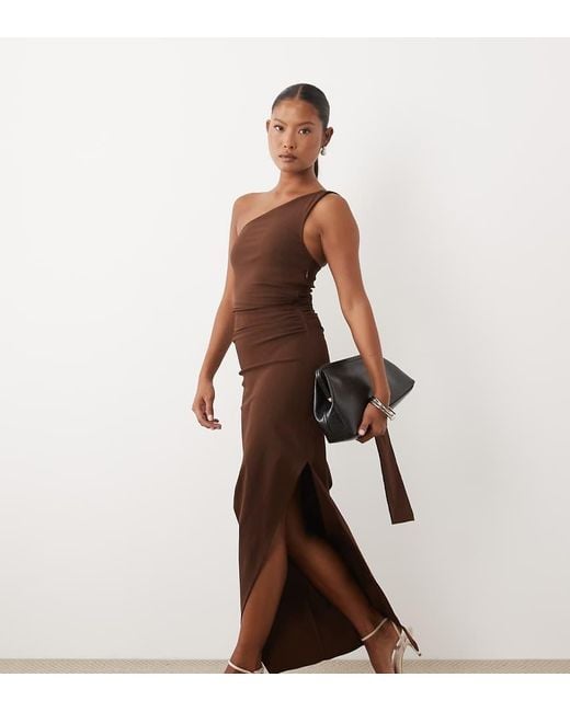 TFNC London Brown Bengaline One Shoulder Draped Maxi Dress
