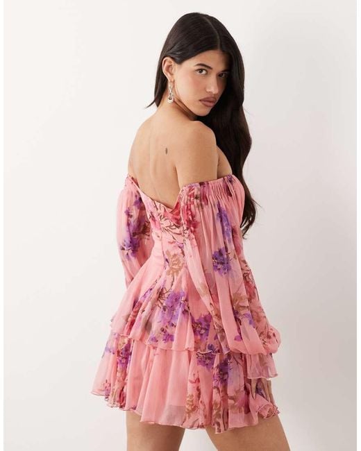 ASOS Pink Double Layer Off Shoulder Godet Mini Dress