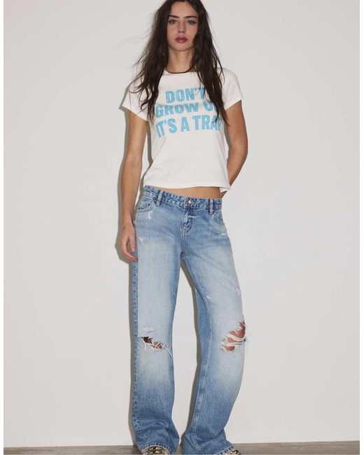 Stradivarius Blue Printed Short Sleeve T-shirt