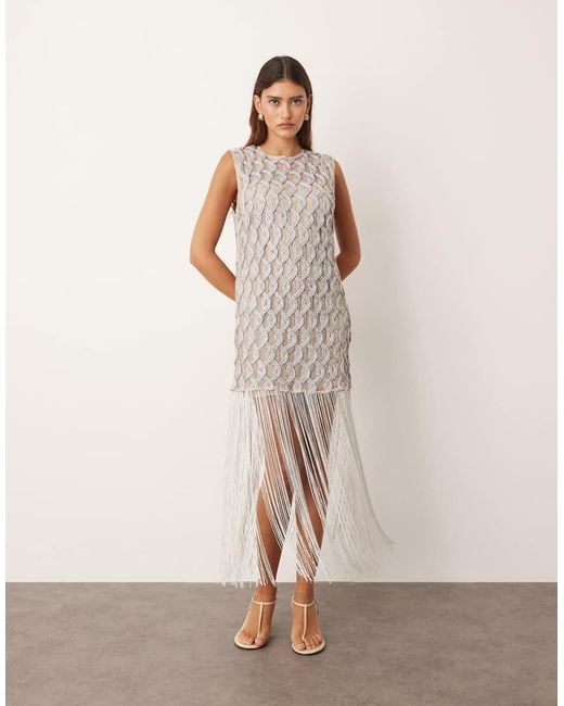 ARRANGE Natural Lattice Grid Mini Dress With Fringe Hem