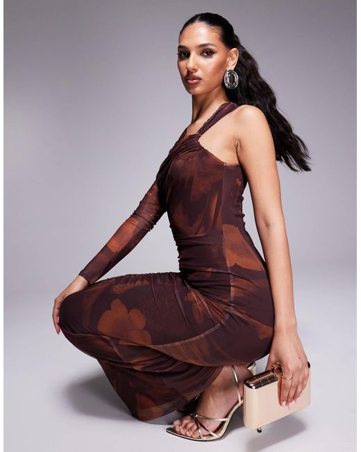 ASOS Purple Mesh One Sleeve Asymmetric Midi Dress With Channelled Strap Detail