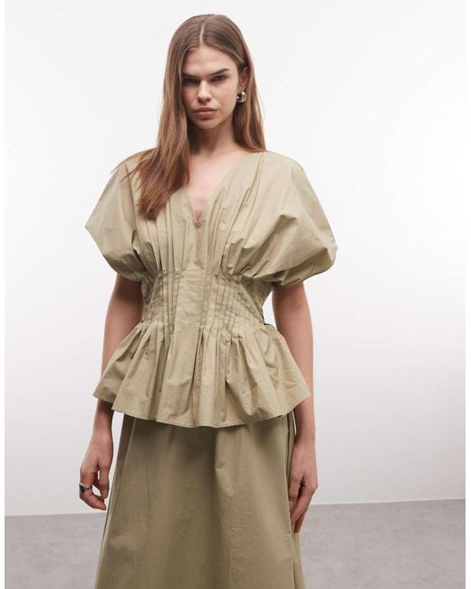 ASOS Natural V Neck Nipped Waist Peplum Maxi Dress