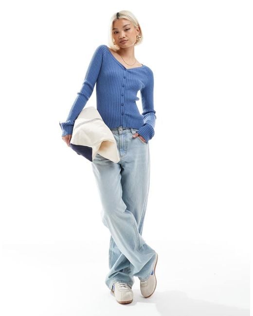 ASOS Blue Knitted V Neck Button Through Top