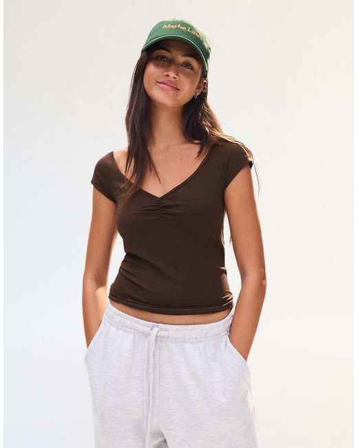 Bershka Brown Gathered Short Sleeve T-Shirt