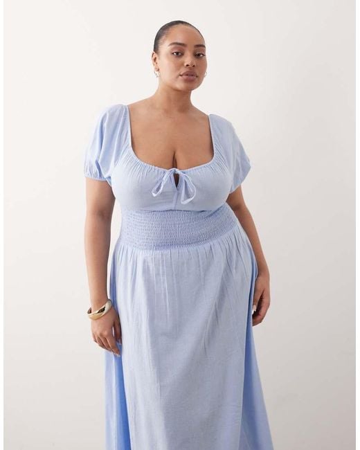 Esmee Curve Blue Puff Sleeve Tie Front Maxi Beach Dress