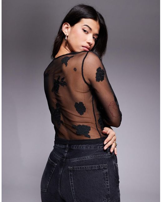 ASOS Blue Embroidered Sequin Floral Mesh Long Sleeve Top With Drip Bead Detail