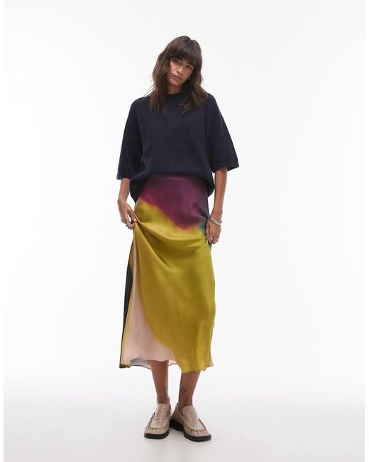 & Other Stories Natural High Waist Satin Maxi Skirt With Watercolour Effect Print