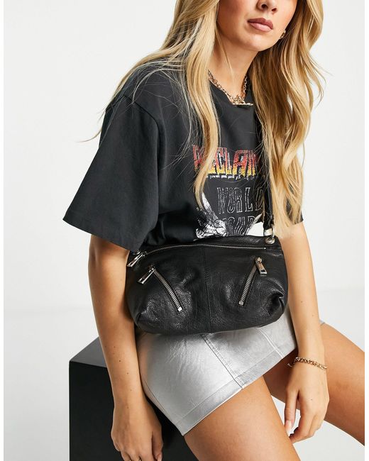 TOPSHOP Black Leather Crossbody Bag With Zips