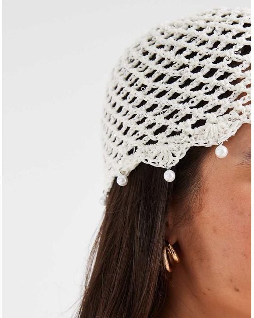 Gina Tricot Natural Crochet Beanie With Faux Pearl Trim