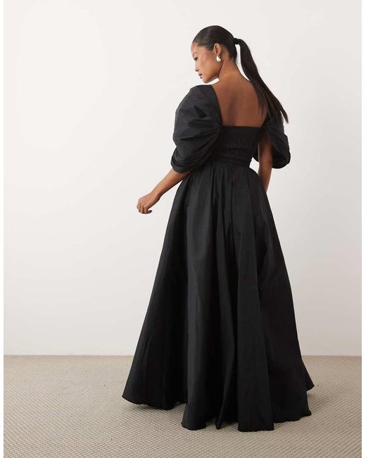 LACE & BEADS Black Taffeta Puff Sleeve Sweetheart Neck Gown