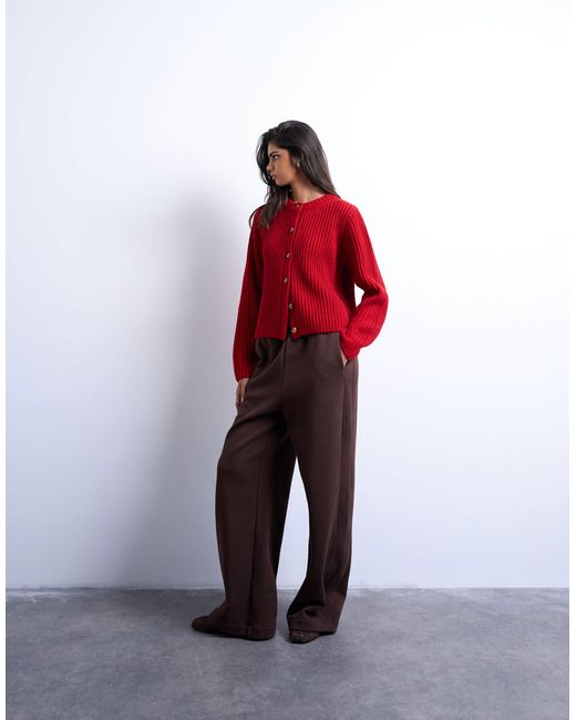 TOPSHOP Red Knitted Ribbed Crew Relaxed Button Cardigan