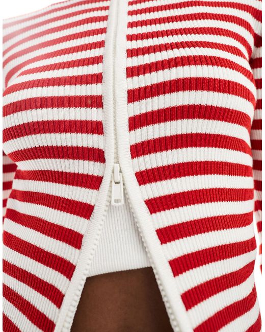 Monki Red Cropped Knitted Cardigan With Front Zip
