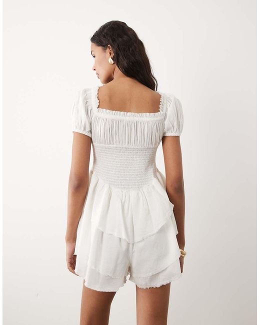 ASOS White Shirred Playsuit With Ruffle Shorts