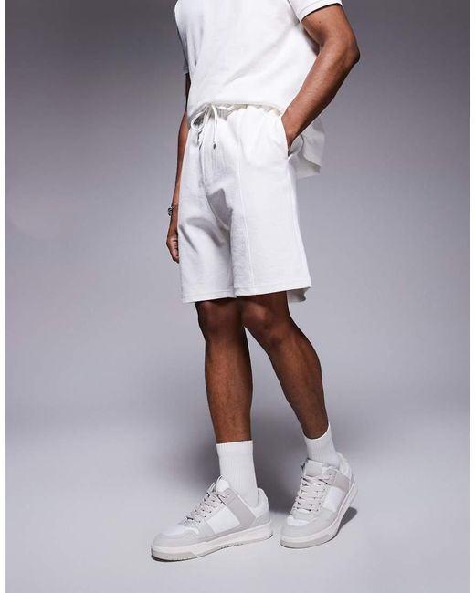 Bershka White Textured Waffle Short Co-ord for men