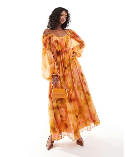 ASOS Orange Scoop Neck Shirred Waist Insert Maxi Dress