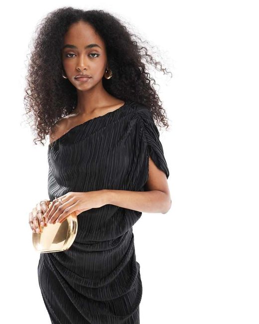 ASOS Black Plisse Fallen Shoulder Midi Dress