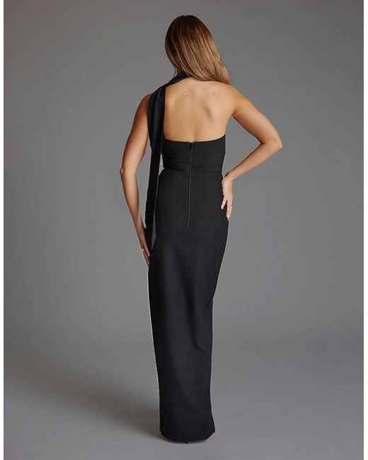 Vesper Gray Scarf Detail One Shoulder Maxi Dress