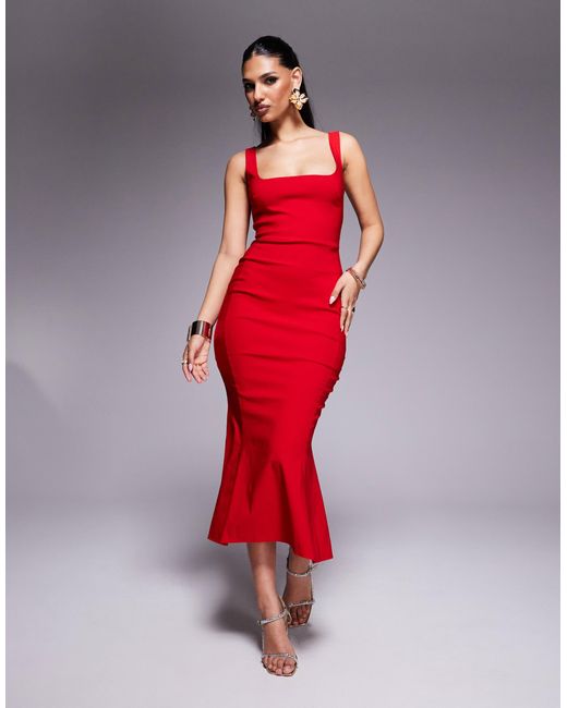 Robe mi-longue sans manches en bengaline à ourlet plongeant et encolure carrée Vesper en coloris Red