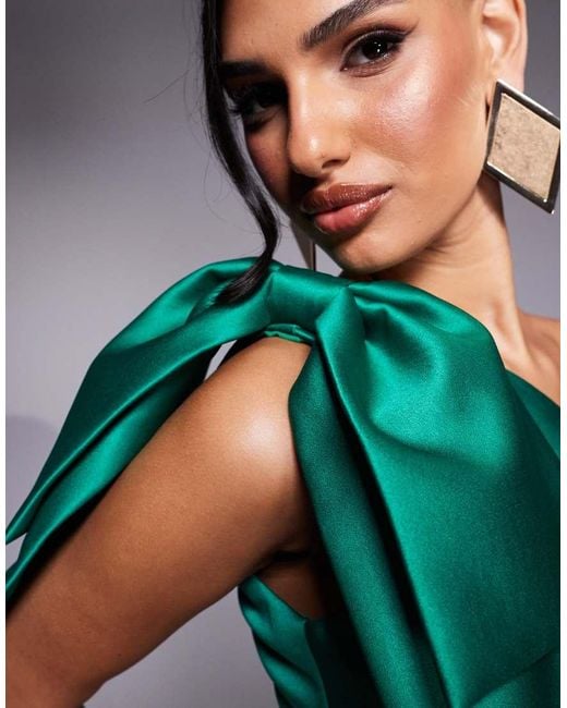 Lavish Alice Green Bonded Satin Bow Shoulder Wrap Midi Dress