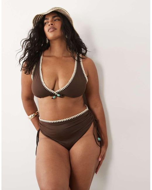 ASOS Brown Asos Design Curve Whitney Whip High Waist Ruched Bikini Bottom