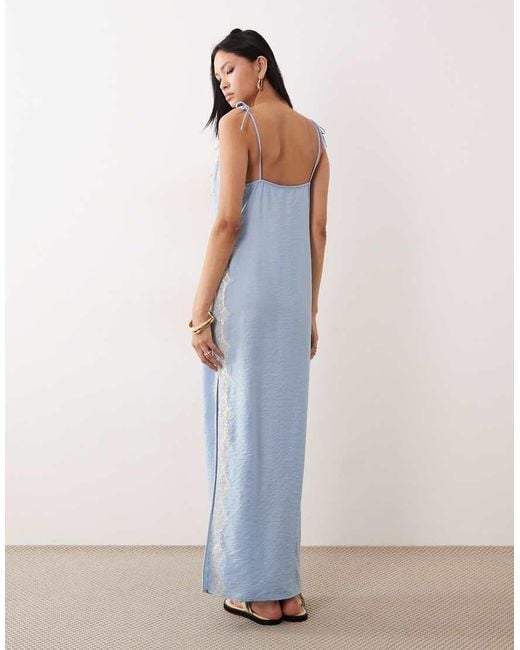 ASOS Blue Asos Design Tall Cami Square Neck Crinkle Satin Lace Detail Maxi Dress