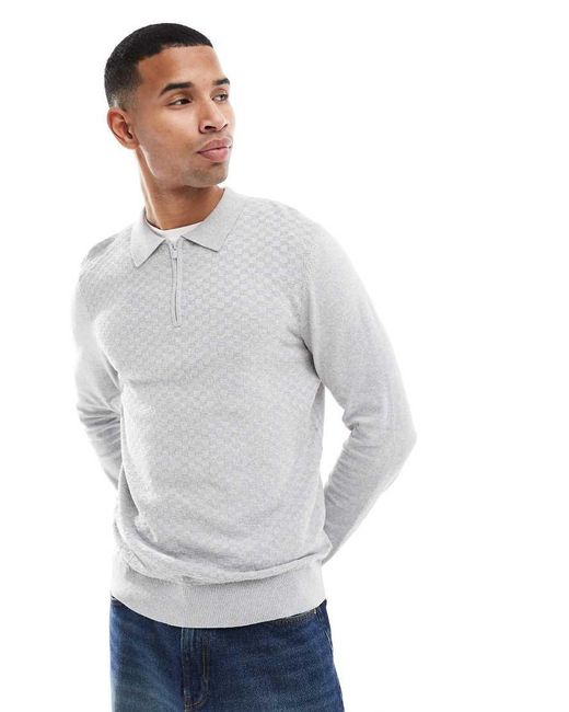 Threadbare Blue Textured 1/4 Zip Knitted Polo for men