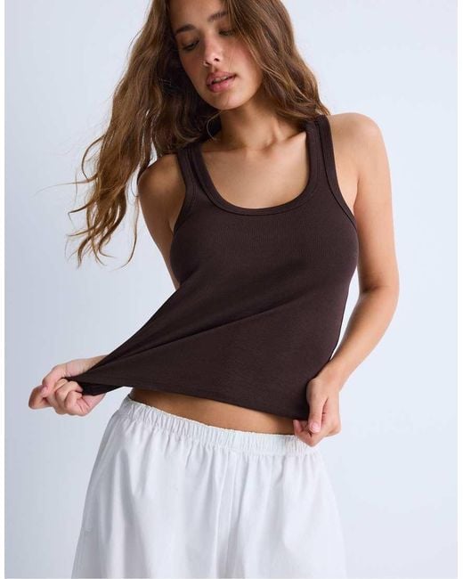 Stradivarius White Ribbed Racerback T-Shirt