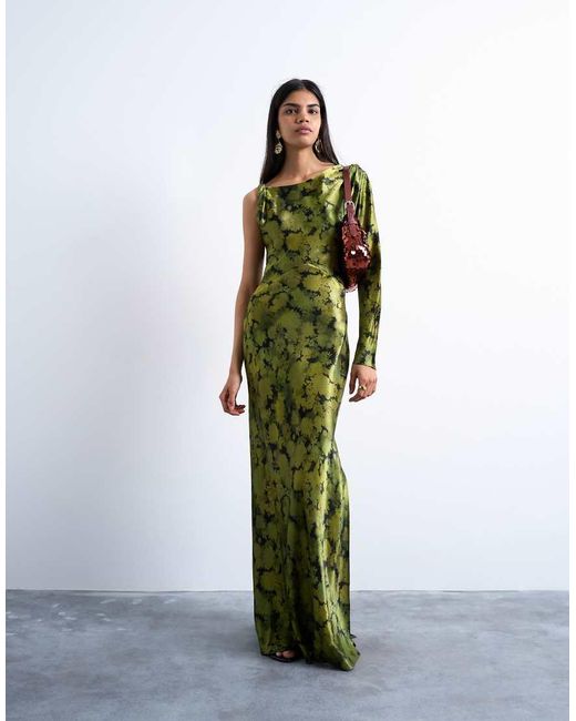 TOPSHOP Green One Sleeve Twist Strap Satin Maxi Dress