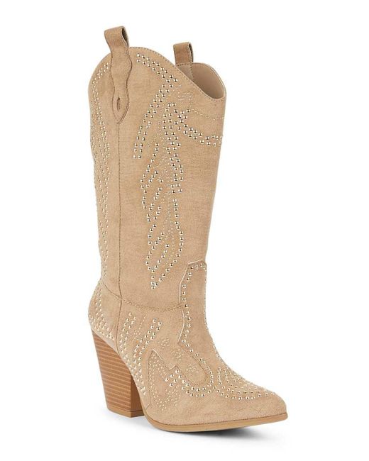 SEQWL Natural Western Cowboy Boots With Studded Detailing And Pointed Toe