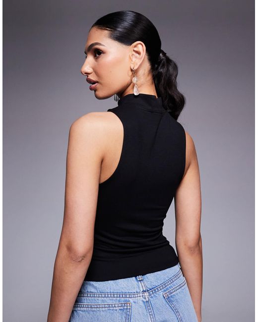 ASOS Black Fitted Racer Top With Rouleau Loop Buttons Detail