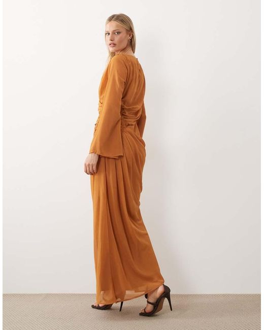 ASOS Brown Chiffon Maxi Dress With 3d Embroidered Flower Hip Detail