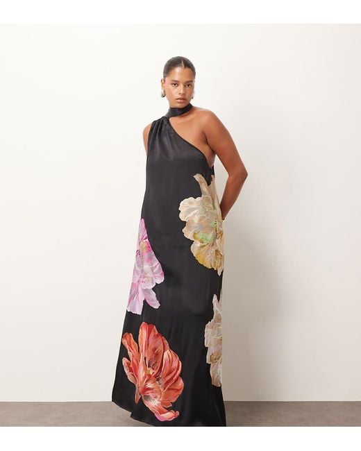 ARRANGE Black Curve Supersize Floral Embroidered Scarf Neck One Shoulder Maxi Dress
