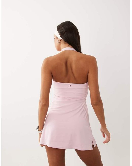 4505 Pink Active Halter Neck Tennis Dress With Under Shorts