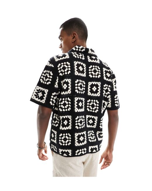 Abercrombie & Fitch Black Crochet Squares Short Sleeve Knit Polo Shirt for men