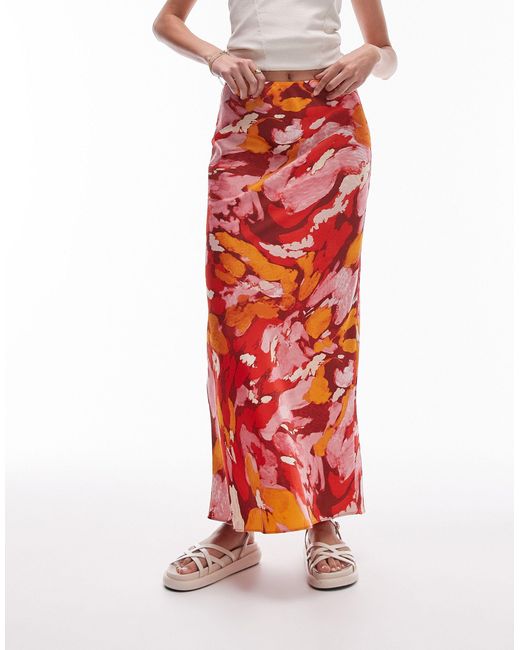 TOPSHOP Red Orange Floral Print Bias Maxi Skirt