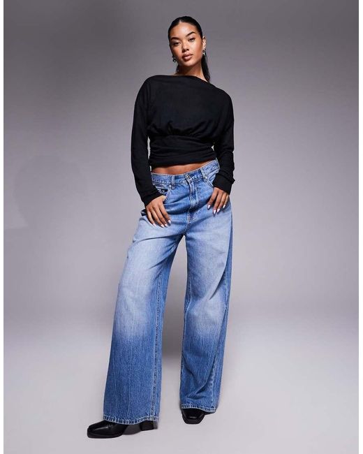 ASOS Blue Knit-look Asymmetric One Shoulder Long Sleeve Top With Cinch Waist Detail