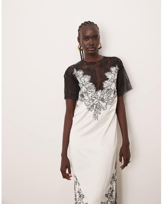 ARRANGE Natural Satin Lace Applique Embroidered Column Midi Dress