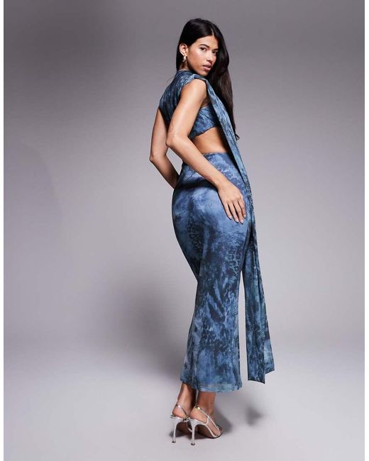 ASOS Blue Printed Mesh Drape Cut Out Maxi Dress