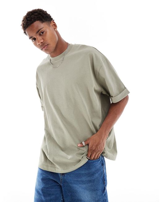 Camiseta caqui extragrande con mangas vueltas ASOS de hombre de color Gray