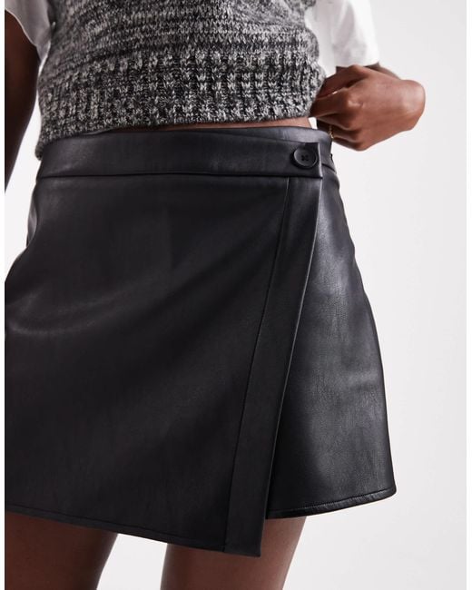 ASOS Black Faux Leather Button Detail Wrap Skort