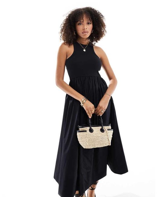 Y.A.S Black Racer Neck Jersey And Cotton Hybrid Maxi Dress