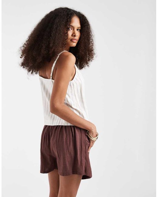 Pieces Brown Textured Cotton High Waisted Knot Detail Skort