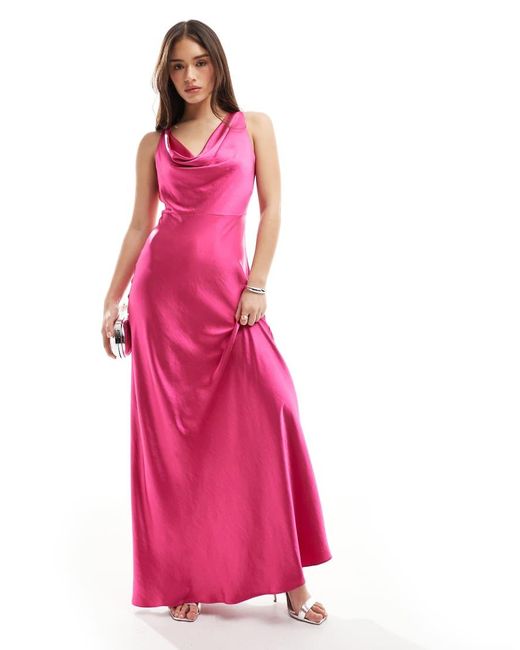 Six Stories Pink Bridesmaid Cowl Front Satin Maxi Dress