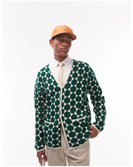 Topman Green Knitted Cardigan With All Over Geo for men