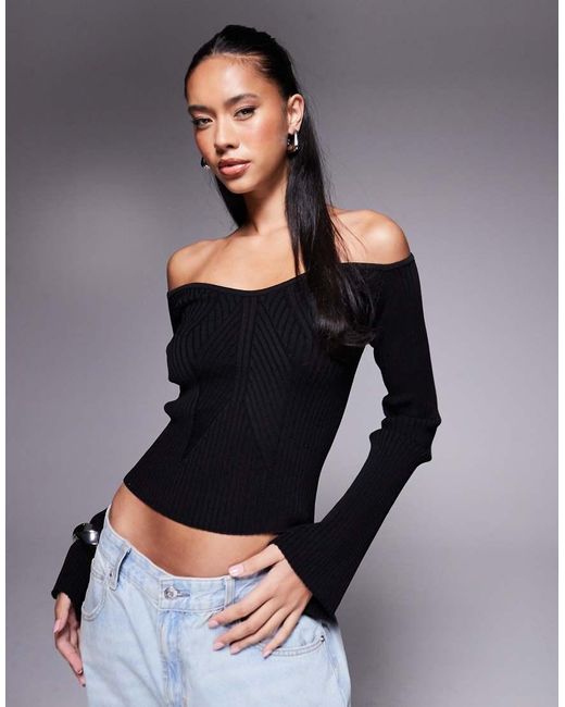 ASOS Gestructureerde Bardot Top Met Lange Mouwen En Ribdetails in het Gray